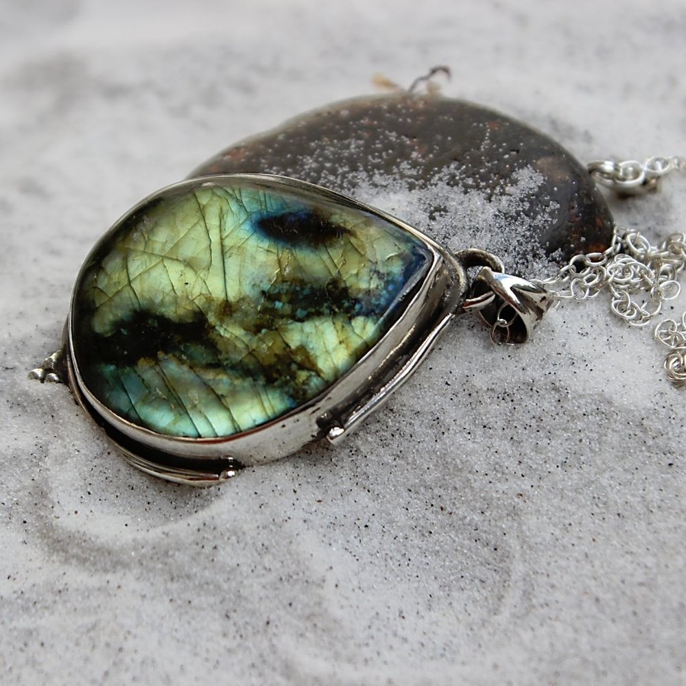 Labradorite Teardrop Antique Sterling Pendant Neck